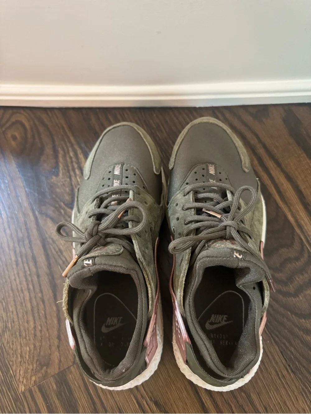 Women’s Olive Green Nike Air Huarache sneakers with Rose Gold Accents